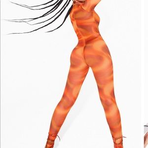 PLT orange printed mesh jumpsuit